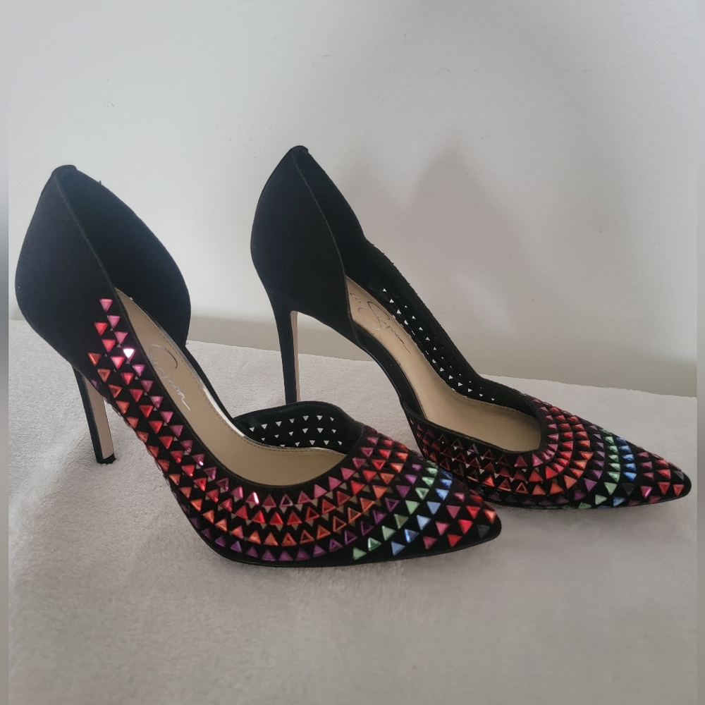 Jessica Simpson Black and Red Heels with Colorful Studded Design,used.